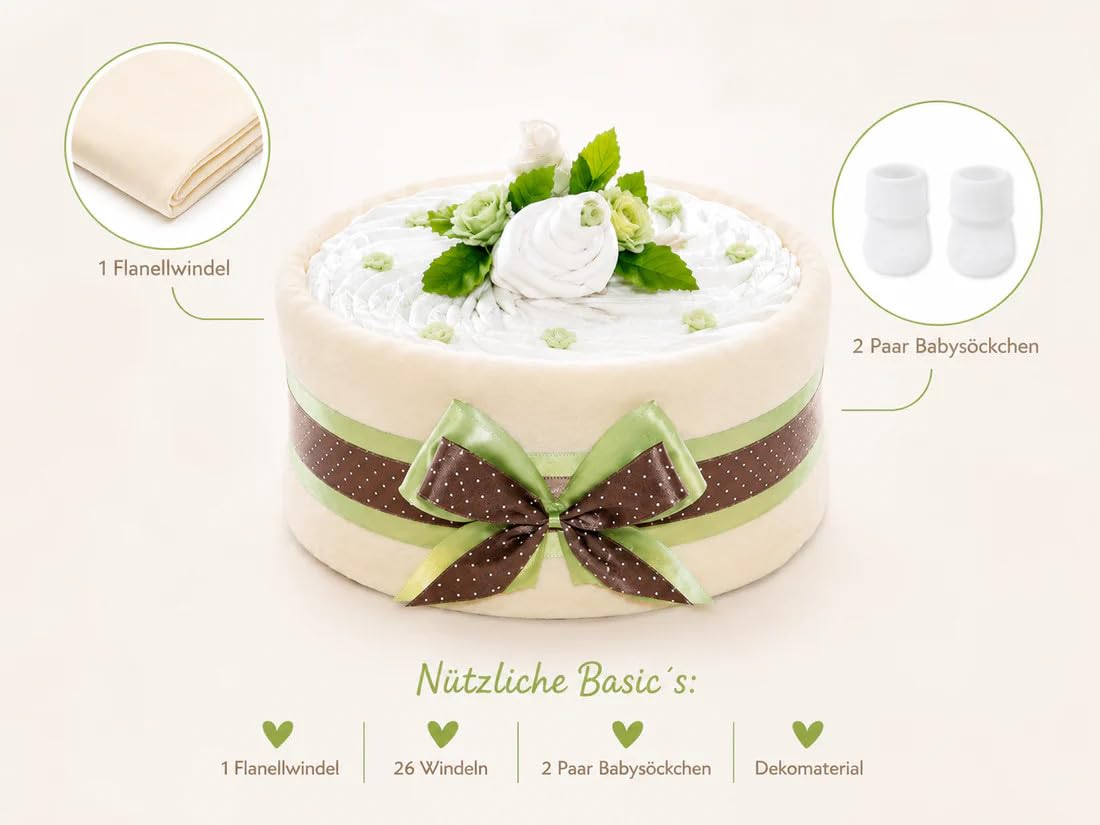 Windeltorte CAKEBOX neutral für Jungen und Mädchen grün | Geschenk für Mädchen und Jungen zur Geburt Babyparty Babyshower (grün)