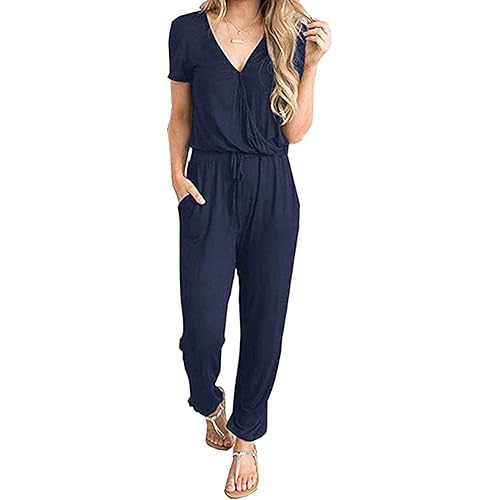 PRETTYGARDEN Women's Summer Casual Deep V Neck Short Sleeve Wrap Drawstring Waist Jumpsuit Romper