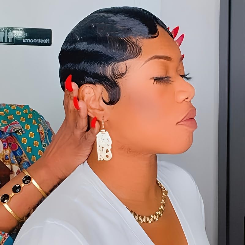 Amecire Black Finger Wave Human Hair Wig 4Inch Short Pixie Cut Wigs Brazilian Virgin Human Hair Wigs Finger Ocean Wave Wig Mommy Hair for Women 180% Density
