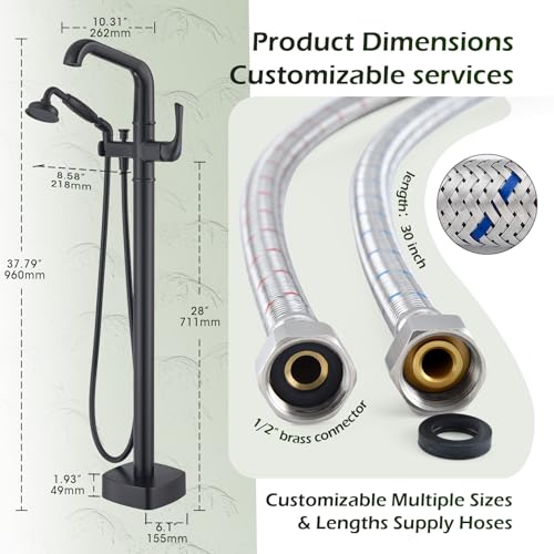 Grifería de Piso para Bañera, Lujo, Latón Clásico, Negro Mate | Llenador de Bañera Montado en Piso, Latón Premium H59, Servicio Personalizable miniatura 6