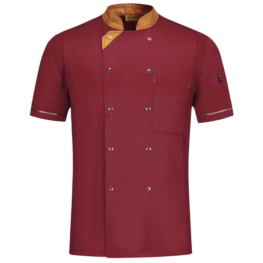 WMOFC Men's Short Sleeve Chef Coat Jacket,Restaurants Kitchens Cake Shops Cafes Fashion Kitchen Uniform Apparels,Red,M