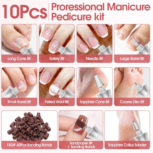 Maniküre/Pedikure Set elektrisch, Nagelfelile, Nagelfraser und Hornhautentfemer mit 10 Aufsatze zur Nagelpflege, mit 10 Geschwindigkeiten, LED Licht, Aufbewahrungstasche