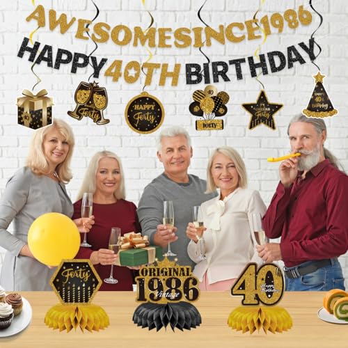 Image of 11pcs Happy 40th Birthday for Men Women Decorations,Forty Bday Banner Ceiling Table Topper Sign Awesome Since 1986 Old Black and Gold Kit Swirls Party Decorations Supplies