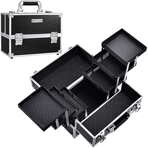 FRENESSA Makeup Train Case Large Cosmetic Box Makeup Organizer Case Extra Large 6 Trays Professional Cosmetology Case with Lockable Makeup Artist, Nail Kits, Makeup Tools Traveling Makeup Case Black Cover