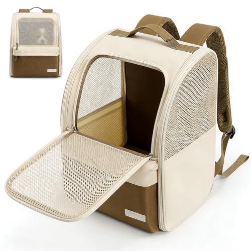 Zaino per cani e gatti fino a 15 kg, in rete traspirante, con guinzaglio di sicurezza, pieghevole e impermeabile, per cani e gatti, 30 x 27 x 41,5 cm, beige