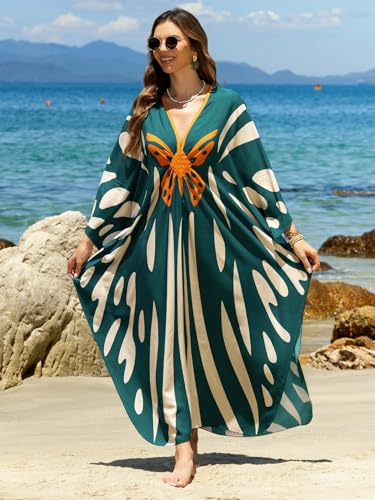 Image of IMAGEKOPE Women's Plus Size Animal Print V-Neck Batwing Kaftan Beach Dress Bathing Suit Cover-Up Loungewear