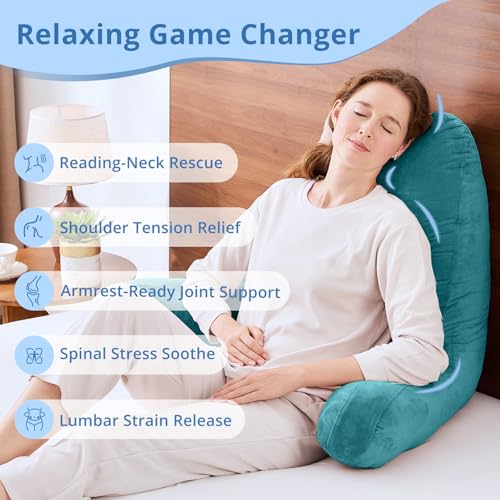 Image of Sasttie Reading Pillow for Bed, Back Pillow for Sitting Up, Teal Blue | 25 inch Backrest Support Cushion for Couch, Sofa, and Floor, Dorm Essentials, OEKO-TEX, Adjustable Down Alternative Fill