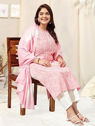 Image of MIRCHI FASHION Pure Cotton Plus Size Straight Kurta Set with Dupatta | 3 Piece Summer Ethnic Kurta Pant Set | Office Wear Salwar Suit for Women