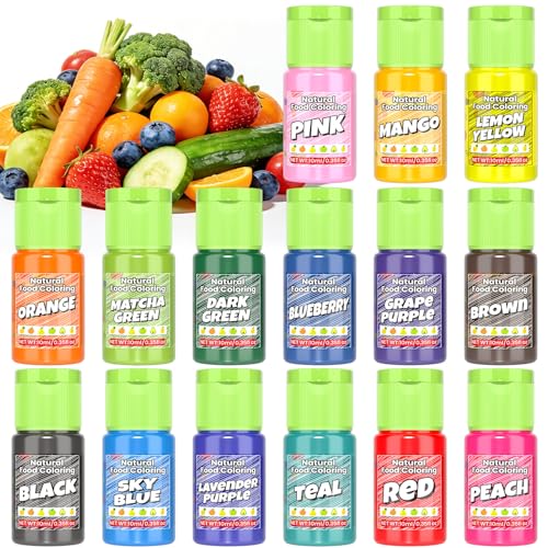 Image of Natural Food Coloring - 15 Vibrant Colors Food Coloring Set, Food-Grade, Non-GMO, FD&C & Artificial Dye Free Natural Liquid Food Dye Set for Baking, Cake Decorating, Frosting, Icing, Fondant, Cookies, DIY Slime - 10ml (0.35fl oz) /Bottles