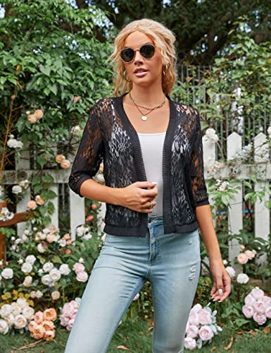 Image of Xunger Women's 3 /4 Sleeve Lace Cardigan Casual Open Front Floral Lace Shrug Summer Cover Up