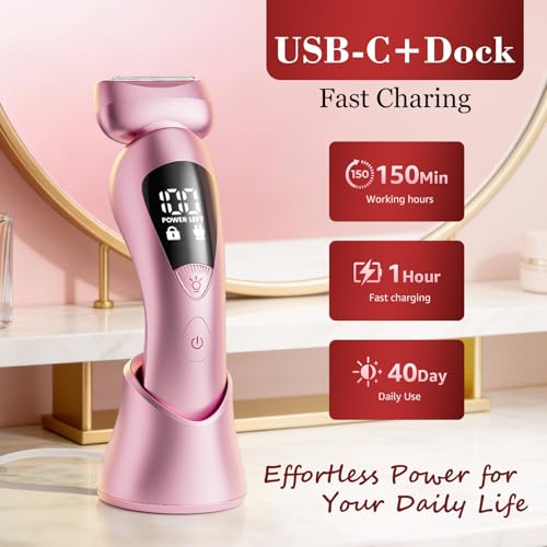 Image of Cordless Electric Razors for Women: Rechargeable Painless Bikini Trimmer for Body Hair - IPX7 Waterproof Shaver with LED Display for Face /Underarm /Leg Soft Pink