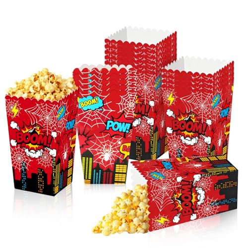 Xugoox Spider Popcorn Boxes 24pcs Hero Themed Party Favors Snack Treat Box Candy Cookie Container for Movie Cinema Birthday Baby Shower Party Decorations Supplies