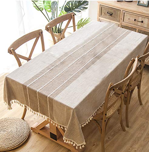 UNIQUE HM&LN Tablecloth Rectangle Table Cover Cotton Linen, Washable & Dustproof, Tassel Embroidery Perfect for Dinning, Kitchen, Indoor & Outdoor (Khaki&Fringed, 55x78inch)