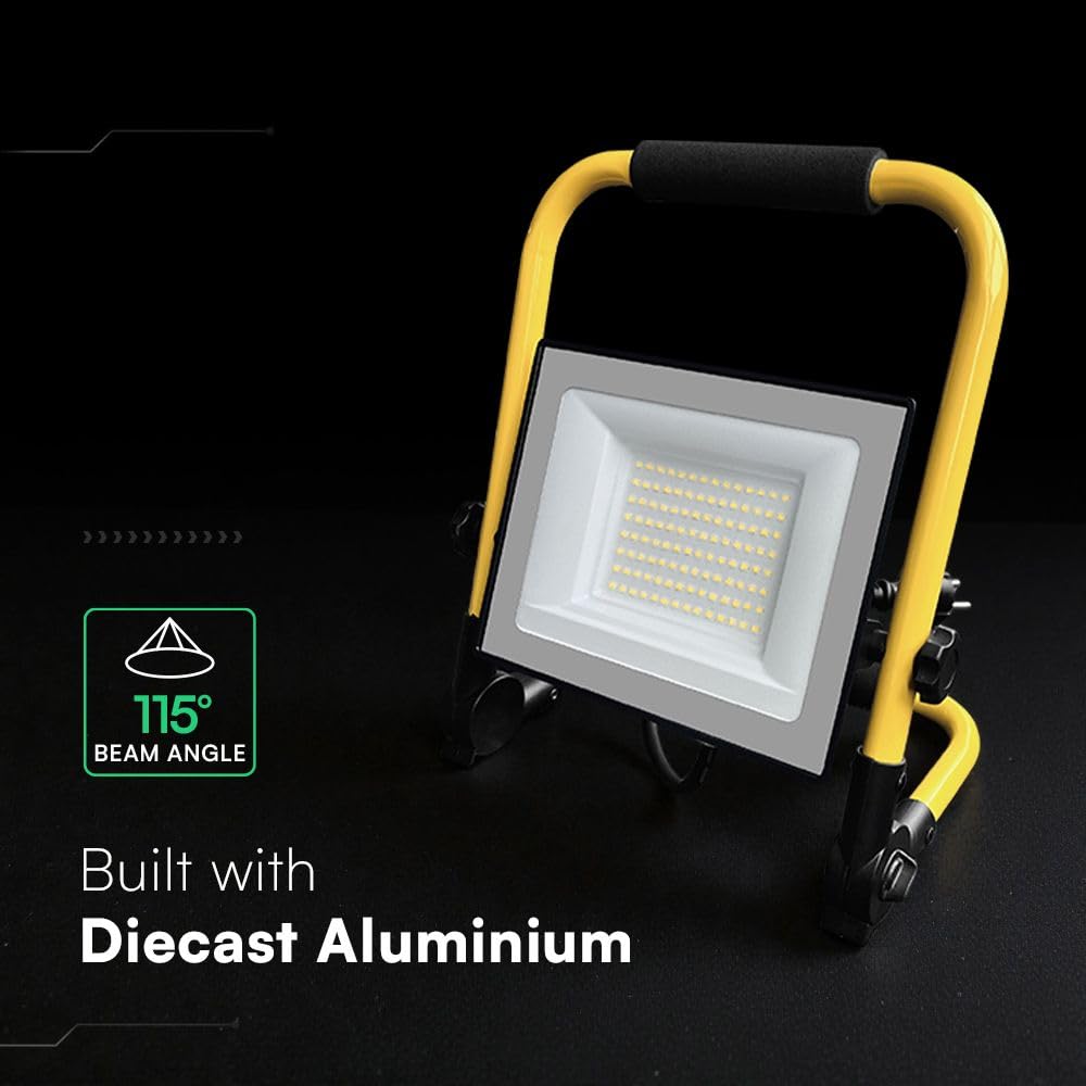 V-TAC Faretto LED da Cantiere 50W - [ CHIP CREE LED - ALTE PERFORMANCE ] - 4270 Lumen - Impermeabile IP65 - Faro Led da Esterno per Lavori e Garage - Cavo 3M - Staffa Piehevole - Luce Naturale 4000K