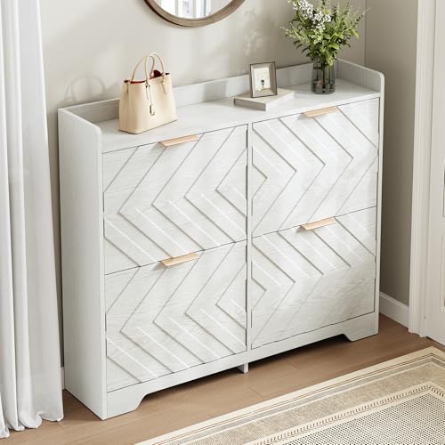 Coolywood Zapatero con 4 compartimentos abatibles, frontal con estructura 3D, estante superior, amplio zapatero, ahorro de espacio, mueble de entrada (blanco)