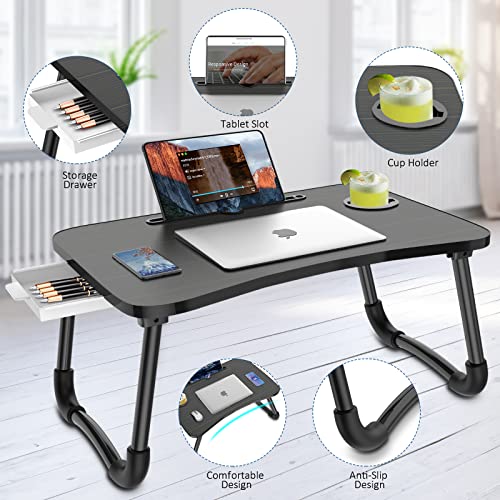Zapuno Foldable Laptop Bed Table Multi-Function Lap Bed Tray Table With Storage Drawer And Water Bottle Holder, Serving Tray Dining Table With Slot For Eating, Working On Bed/Couch/Sofa (Arc Shape) #TOP1