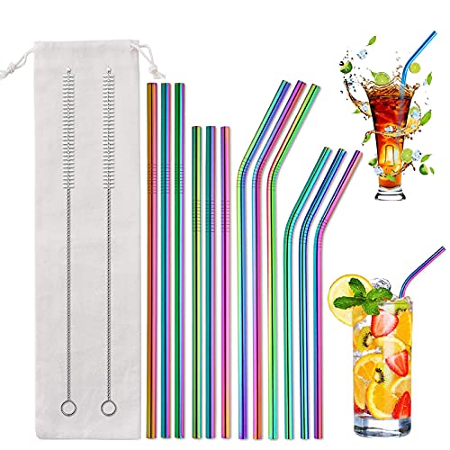 12 Paille Inox Pailles Reutilisables de Pailles Pailles de Couleur en Acier Inoxydable avec 2 Brosses de Nettoyage et 1 Sac de Rangement pour Smoothies Milkshake Cocktail und Boissons Cover