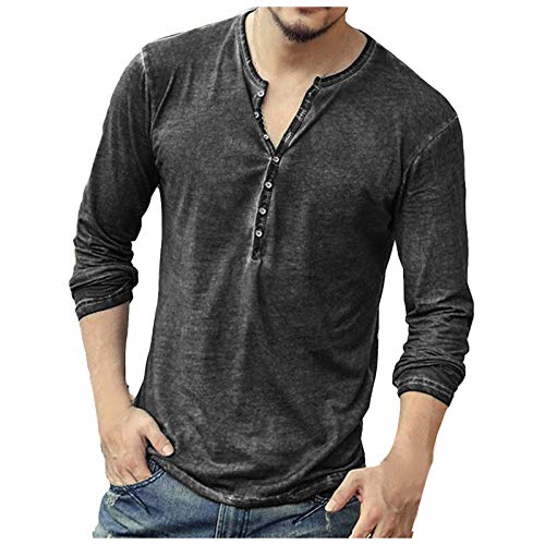 FZYLQY Mens Distressed Henley Shirts Front Placket Retro Long
