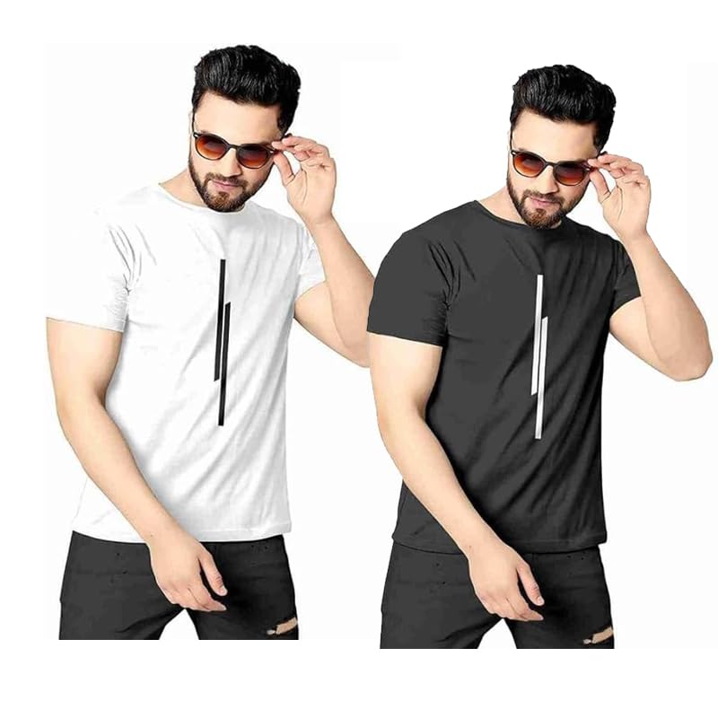 Image of Classic Men Solid Polyester Round Neck Tshirt || 11 Lines Graphic, Regular Fit, Comfortable T-Shirt for Men (Pack of 2)