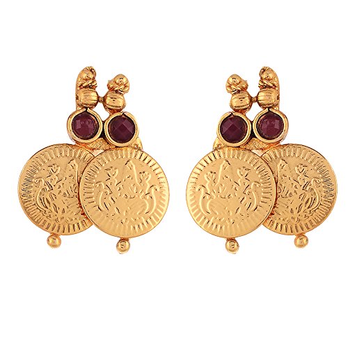 Image of ZENEME Jewellery Set Gold Plated Long Traditional Maharani Beads Studded Temple Coin Necklace Set with Earrings Jewellery For Women & Girls