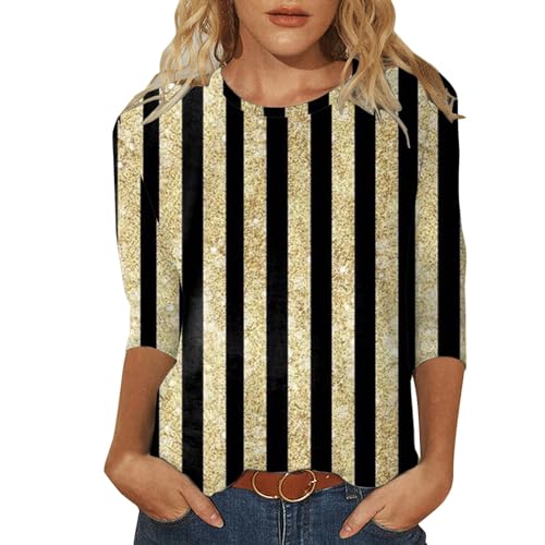 Camiseta de manga 3/4 para mujer con estampado de lentejuelas y cuello redondo, Oro Rosa, 3XL