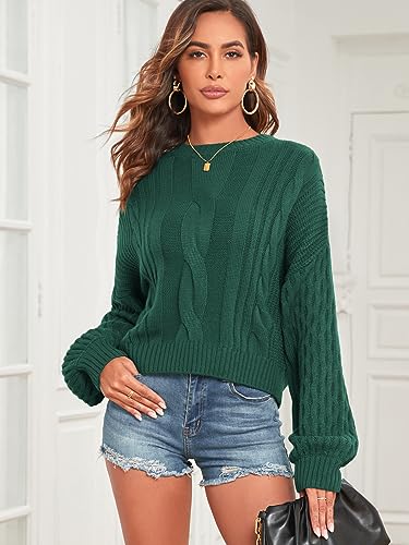 Zaful Women'S Solid Knit Cable Sweater Casual Long Lantern Sleeve Pullover Crew Neck Knitted Tops Dark Green thumb #4