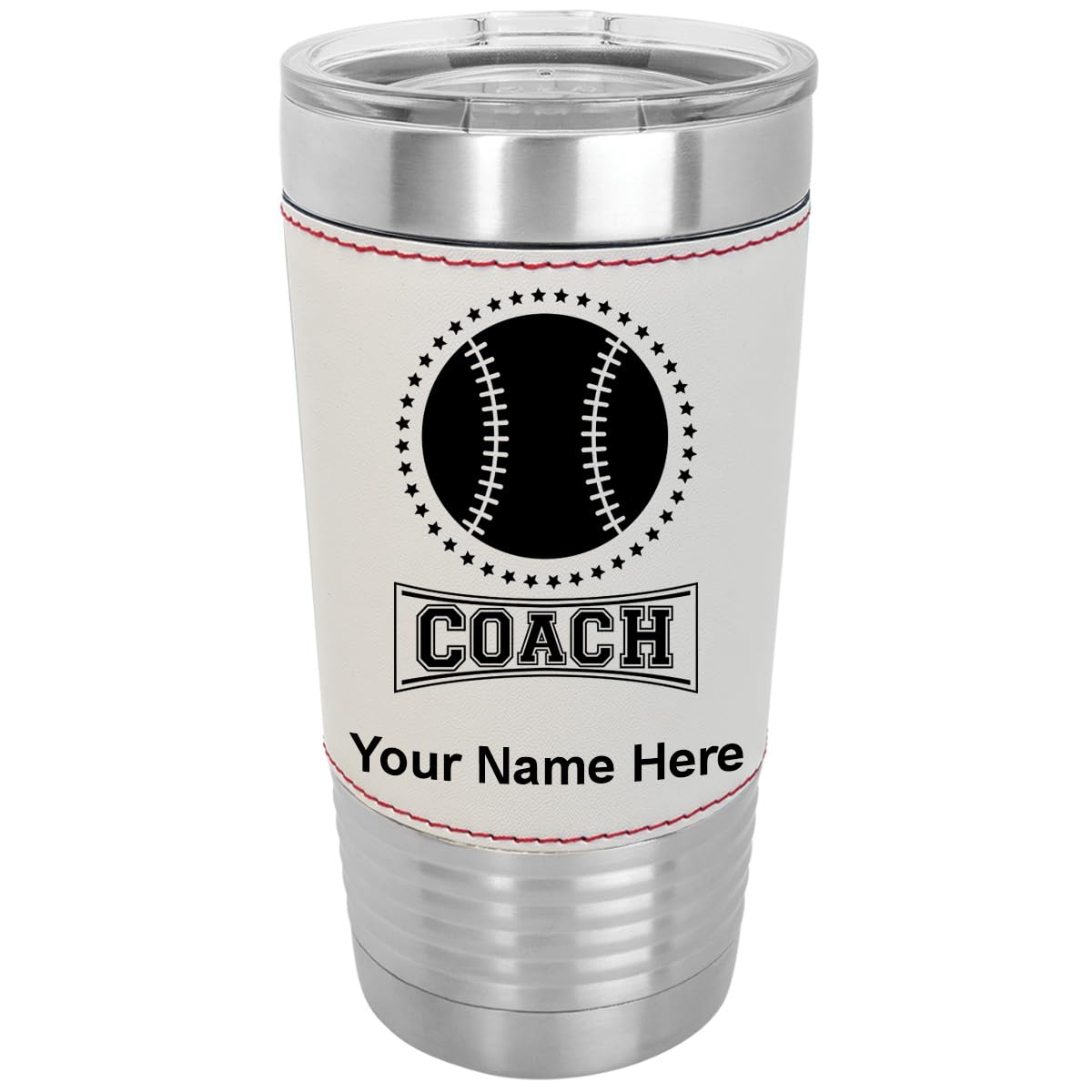 LaserGram 20oz Vacuum Insulated Tumbler Mug, Baseball Coach, Personalized Engraving Included (Faux Leather, Baseball Style)