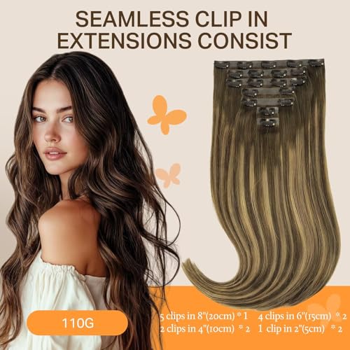 Image of DOORES Seamless Clip in Hair Extensions Real Human Hair, Chocolate Brown to Caramel Blonde 18 Inch 110g 7pcs, Extensions Skin Weft Remy Straight Invisi Edge Weft