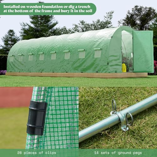 AMERLIFE 26x10x7ft Large Walk-in Greenhouse for Outdoors with Watering System Upgraded Swing Door Tunnel Greenhouse kit, Heavy Duty Galvanized Steel Frame, 16 Windows, Ground Pegs & Film Clips, Green