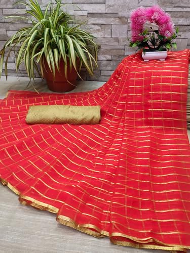 Image of SAREE MALL Women's Pink Chiffon Checkered Printed Saree With Unstitched Blouse (RCFL1207 GIF)