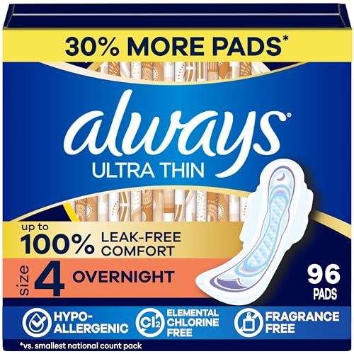Always Ultra Thin Feminine Pads with Wings for Women Size 4 Overnight Absorbency Unscented Up to 100% Leak-Free Comfort 96 Count