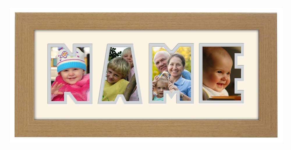 Personalised Any Name Word Photo Frame Birthday Picture Gift Present (Oak Finish Cream Mount Grey Inside, 4 Letters (Letters only no spaces)) โ image 1
