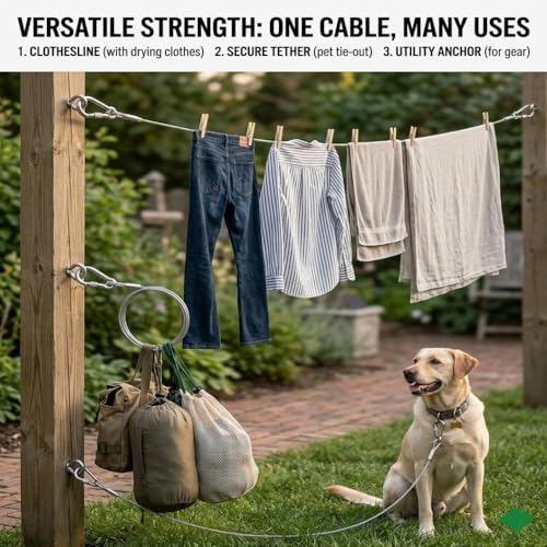 Image of 3 Meter (5mm) Heavy Duty Stainless Steel Clothesline Wire Rope with Carabineer Hooks, Portable Rustproof Laundry Drying Rope Cable for Balcony Garden Home Indoor Outdoor Uses (Red,10 Feet)