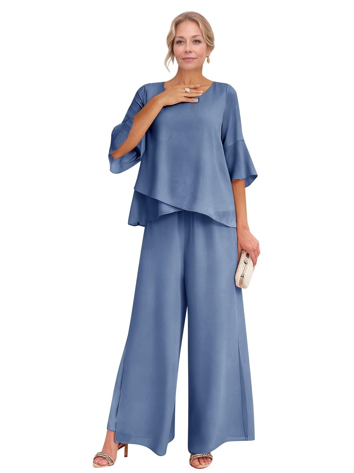 2 Pieces Chiffon Mother of The Bride Pant Suits for Wedding Short Sleeve Formal Pant Suit Wedding Guest
