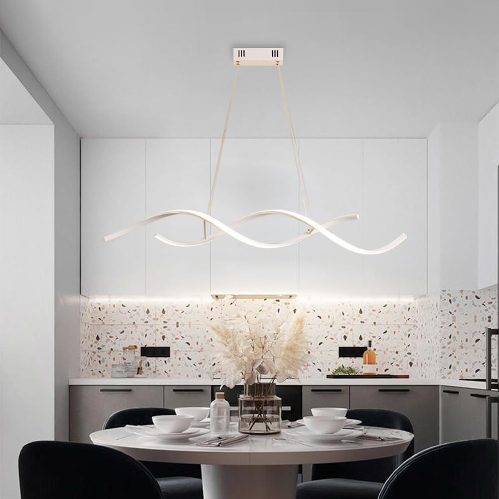 Lampadario LED Moderno 54W Dimmerabile con Telecomando | Luce Calda Naturale Fredda 3000K–6400K | Design Ondulato Regolabile Bianco/Nero | Sospensione Elegante per Cucina Sala Soggiorno (Bianco)