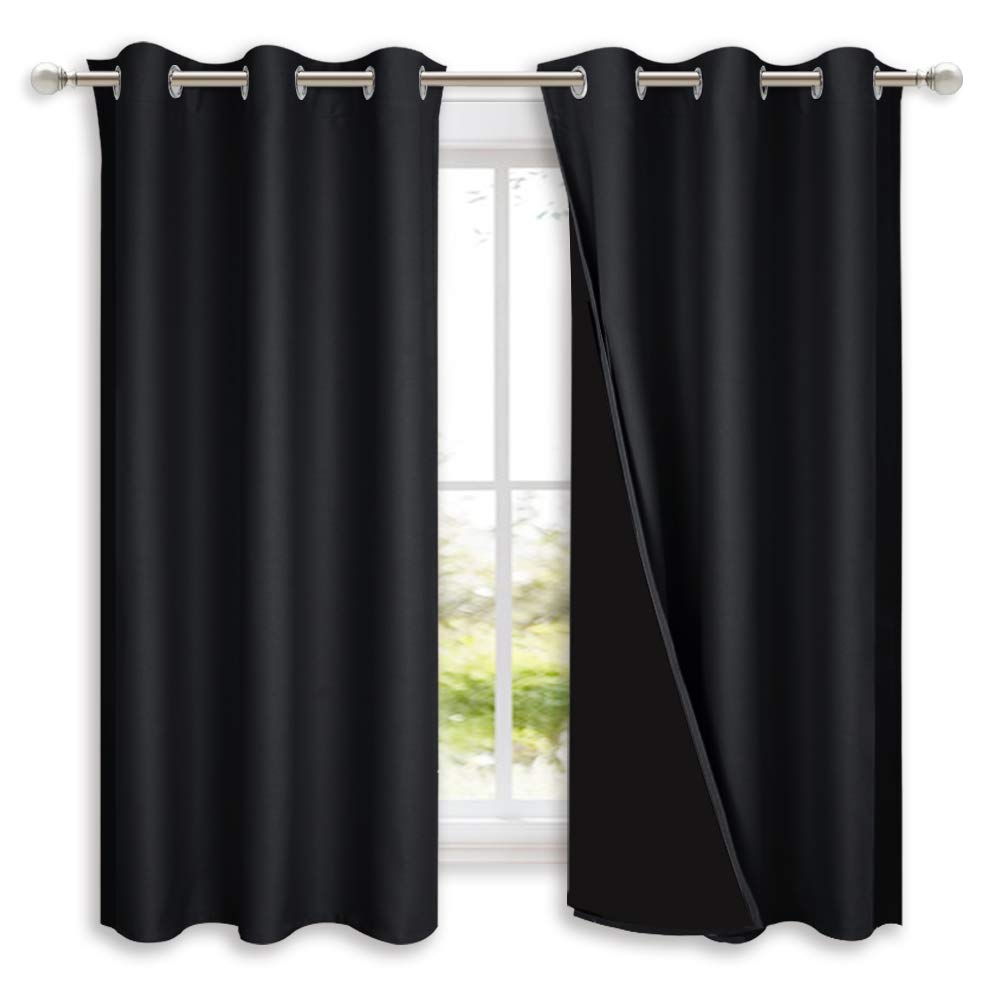 NICETOWN Complete 100% Blackout Curtain Set, Thermal Insulated &amp; Energy Efficiency Window Draperies with Black Liner, Noise Reducing Short Curtains for Kids Room (Black, 42"W by 63"L, Double Panels)