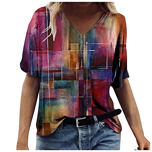 OutTop01 Summer Tops for Women Casual 3D Printing T Shirts Short Sleeve Plus Size Tunic Tops V Neck Tees Fashion Tops Blouses (Purple, XXXL)