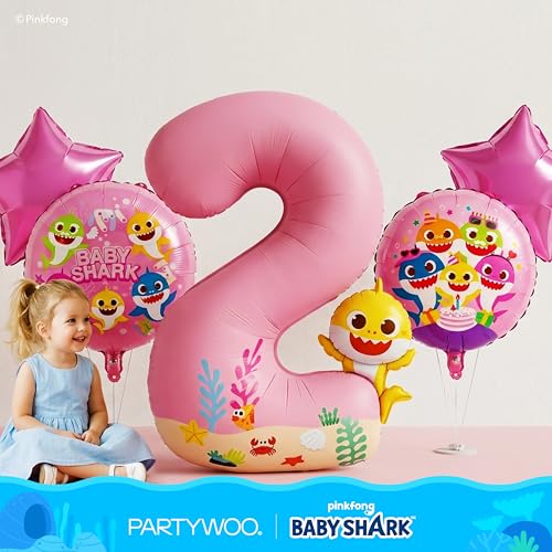 Image of PartyWoo Baby Shark Pink Foil Number 2 Balloon 5pcs 40 18 Inch Pink Round Star Mylar Helium Birthday Balloons for Boys and Girls Baby Shark Under the Sea Ocean Kids Second Birthday Party Decorations