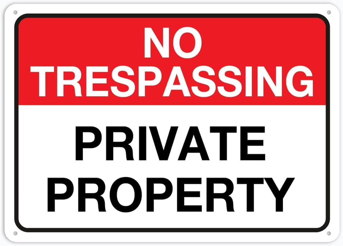 No Trespassing Private Property Rust Free Aluminum Tin Sign - Warning Decor with Pre-Drilled Holes for Indoor-Outdoor Suburban Yard, Industrial Lot - 8x12 Inch​