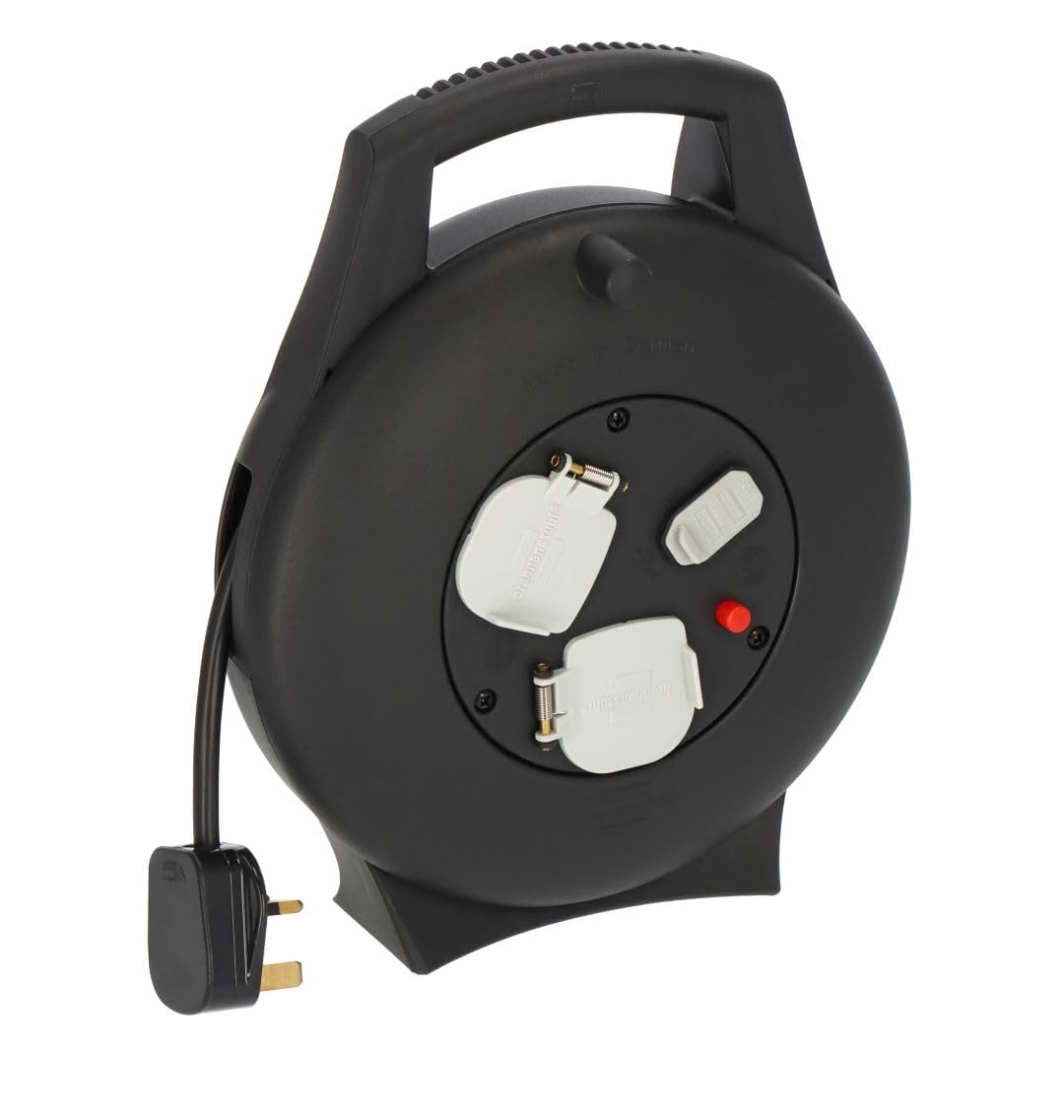 Brennenstuhl Vario Line cable box, 2-way plus USB charger / 10m mini cable reel for indoor use with 2x BS sockets and 2x USB charging units, Made in Germany