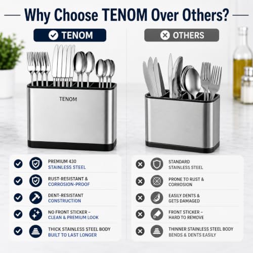 Image of Tenom Spoon Holder for Kitchen Countertop | Stainless Steel Spoon Stand & Cutlery Stand with Drain Tray | Rustproof Heavy Duty Utensil Organizer (Silver)
