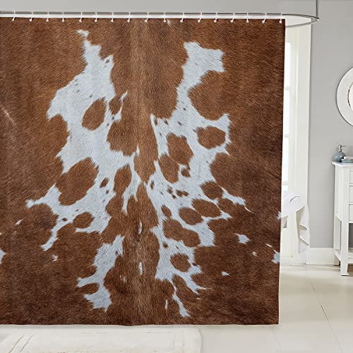Cow Print Shower Curtains,Realistic Cow Fur Pattern Bath Curtain,Western Farm Rustic Retro Cloth Fabric Bathroom Decor Set With Hooks,72" Long #TOP1