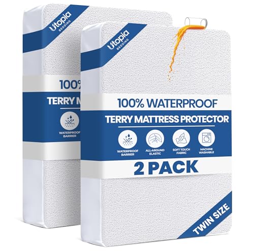 Twin Size Mattress Protector Waterproof 2 Pack, Premium 200 GSM Terry Mattress Cover, Soft & Breathable Bed Cover, Fitted Sheet Style Stretchable Deep Pockets 15' by Utopia Bedding (White)