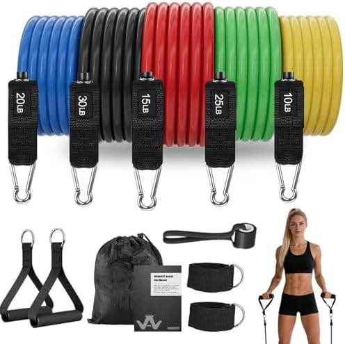 WHATAFIT Resistance Bands, Workout Bands Set with Handles, 100 lbs Exercise Bands for Home Gym, Includes Door Anchor and Ankle Straps for Full Body Strength Training and Physical Therapy