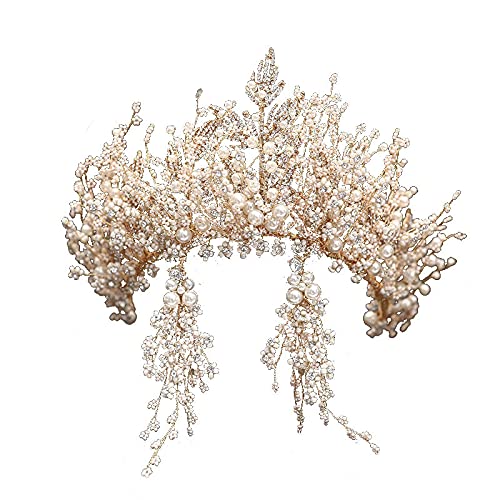 SGeneE Hair Accessories for Women Handmade Gold Rhinestone Pearl Tiara