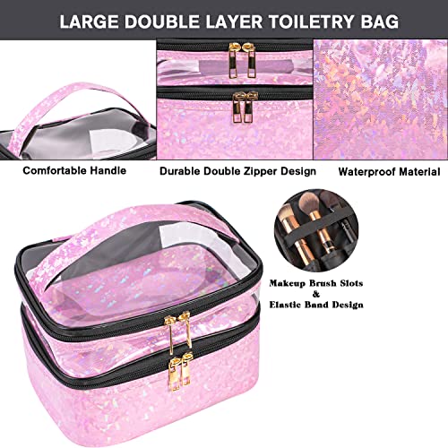 FITINI Makeup Bags Double Layer Travel Storage Cosmetic Cases Make-up Organizer Toiletry Bags Water-resistant for Women Makeup Brush Bag,Light Pink Holographic4