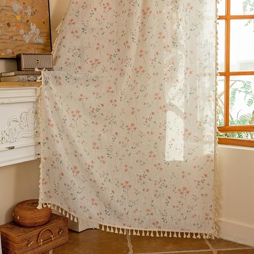 Image of MYSKY HOME Pink Floral Linen Semi Sheer Farmhouse Curtains 96 Inches Long 2 Panels Set for Living Room Patterned Boho Flower Drapes Girls Bedroom with Tassels Back Tab Window Treatments, 50 inch Wide
