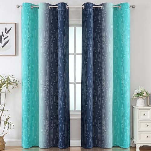 Estelar Textiler Navy Blue and Teal Ombre Blackout Curtains for Bedroom, Thermal Insulated Gradient Blackout Drapes, Full Room Darkening Energy Saving Curtains for Living Room, 42Wx84L, 2 Panels