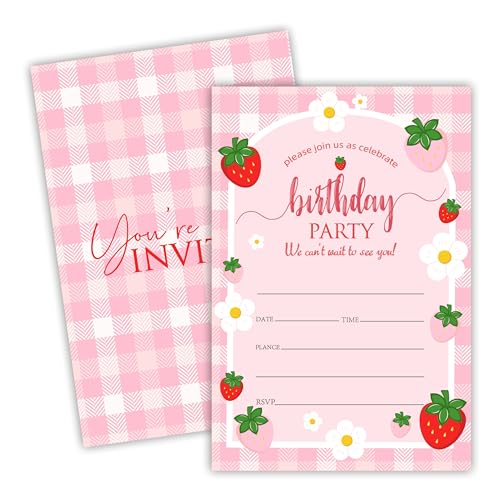 Ebned 4"x6"Birthday Party Invitation - 25 Pink Strawberry Birthday Invite Cards With Envelopes, Double-Sided Fill In Style Invites For Girls, Party Favor & Celebration Decoration Supplies - A02