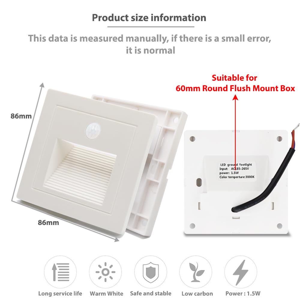 8x 1,5w lámparas led empotrables de pared con detector de movimiento blanco cálido 3000K Luz LED para escaleras blanco para 60mm redondo, 86mm cuadrado caja empotrada 230V para uso interior
